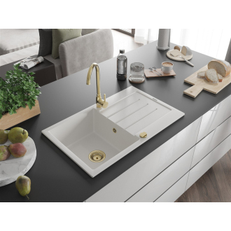 Mexen Bruno 1-miskový granitový drez s odkvapkávačom 795 x 495 mm, biely, zlatý sifón - 6513791010-20-G