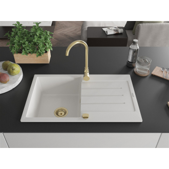 Mexen Bruno 1-miskový granitový drez s odkvapkávačom 795 x 495 mm, biely, zlatý sifón - 6513791010-20-G