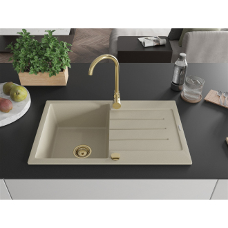 Mexen Bruno 1miskový granitový drez s odkvapkávačom 795 x 495 mm, béžový, zlatý sifón - 6513791010-69-G