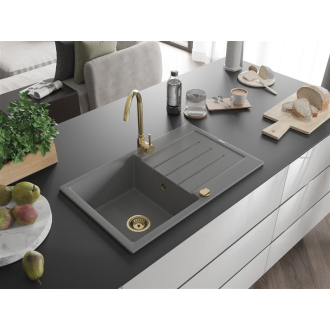 Mexen Bruno 1-miskový granitový drez s odkvapkávačom 795 x 495 mm, sivý, zlatý sifón - 6513791010-71-G