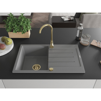 Mexen Bruno 1-miskový granitový drez s odkvapkávačom 795 x 495 mm, sivý, zlatý sifón - 6513791010-71-G