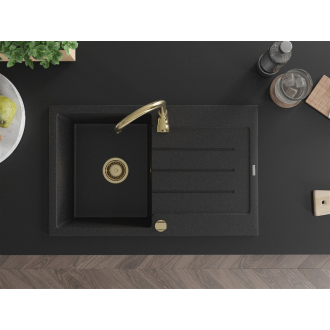 Mexen Bruno 1miskový granitový drez s odkvapkávačom 795 x 495 mm, čierna/strieborná metalíza, zlatý sifón - 6513791010-73-G