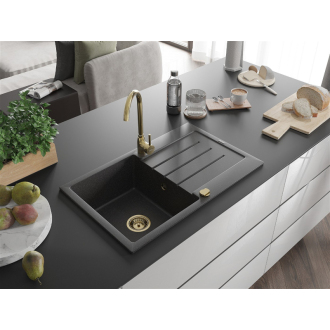 Mexen Bruno 1miskový granitový drez s odkvapkávačom 795 x 495 mm, melír čierny, zlatý sifón - 6513791010-76-G