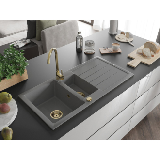 Mexen Andres 1,5-miskový granitový drez s odkvapkávačom 1000 x 500 mm, sivý, zlatý sifón - 6515101510-71-G