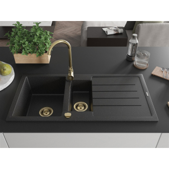 Mexen Andres 1,5-miskový granitový drez s odkvapkávačom 1000 x 500 mm čierna/strieborná metalíza, zlatý sifón - 6515101510-73-G
