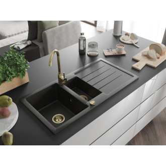 Mexen Andres 1,5-miskový granitový drez s odkvapkávačom 1000 x 500 mm čierna/zlatá metalíza, zlatý sifón - 6515101510-75-G