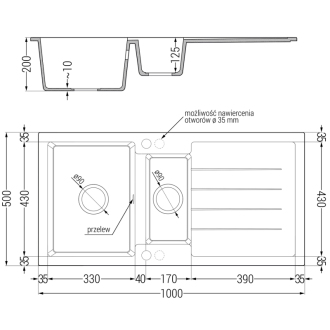 Mexen Andres 1,5-miskový granitový drez s odkvapkávačom 1000 x 500 mm čierna/zlatá metalíza, zlatý sifón - 6515101510-75-G