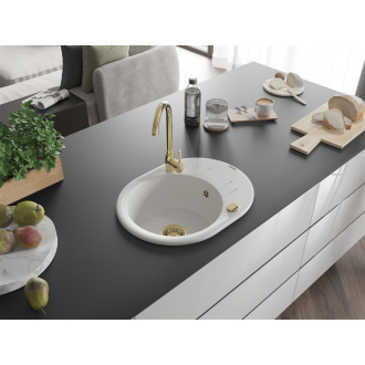 Mexen Kevin 1-miskový granitový drez s odkvapkávačom 586 x 458 mm, biely, zlatý sifón - 6517581005-20-G