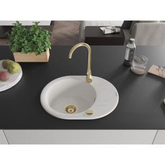 Mexen Kevin 1-miskový granitový drez s odkvapkávačom 586 x 458 mm, biely, zlatý sifón - 6517581005-20-G