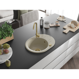 Mexen Kevin 1miskový granitový drez s odkvapkávačom 586 x 458 mm, béžový, zlatý sifón - 6517581005-69-G