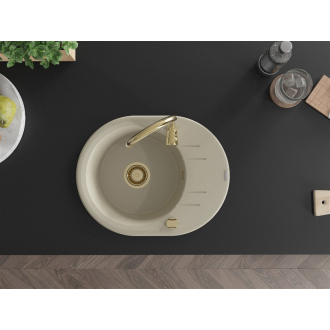 Mexen Kevin 1miskový granitový drez s odkvapkávačom 586 x 458 mm, béžový, zlatý sifón - 6517581005-69-G