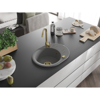 Mexen Kevin 1miskový granitový drez s odkvapkávačom 586 x 458 mm, sivý, zlatý sifón - 6517581005-71-G