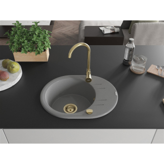 Mexen Kevin 1miskový granitový drez s odkvapkávačom 586 x 458 mm, sivý, zlatý sifón - 6517581005-71-G