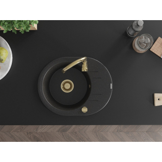 Mexen Kevin 1miskový granitový drez s odkvapkávačom 586 x 458 mm, čierna/strieborná metalíza, zlatý sifón - 6517581005-73-G