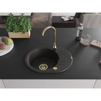 Mexen Kevin 1miskový granitový drez s odkvapkávačom 586 x 458 mm, čierna / zlatá metalíza, zlatý sifón - 6517581005-75-G