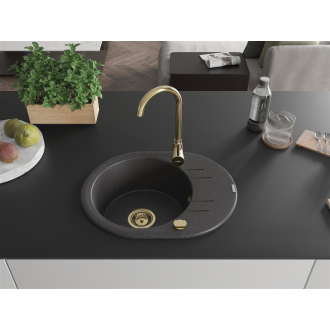 Mexen Kevin 1miskový granitový drez s odkvapkávačom 586 x 458 mm, melír čierny, zlatý sifón - 6517581005-76-G