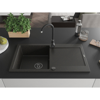 Mexen Leo 1miskový granitový drez s odkvapkávačom 900 x 500 mm, čierna / zlatá metalíza, čierny sifón - 6501901010-75-B