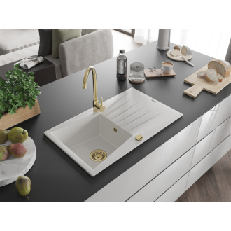 Mexen Cesar 1miskový granitový drez s odkvapkávačom 775 x 470 mm, biely, zlatý sifón - 6514771010-20-G