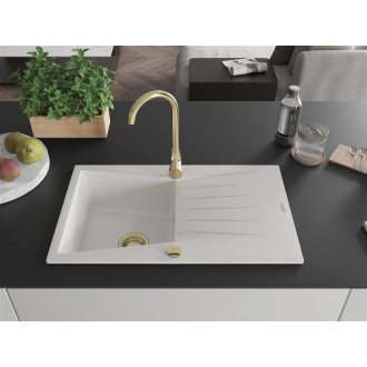 Mexen Cesar 1miskový granitový drez s odkvapkávačom 775 x 470 mm, biely, zlatý sifón - 6514771010-20-G