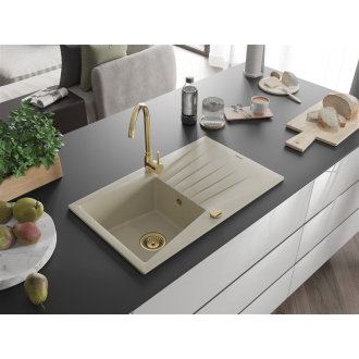Mexen Cesar 1miskový granitový drez s odkvapkávačom 775 x 470 mm, béžový, zlatý sifón - 6514771010-69-G