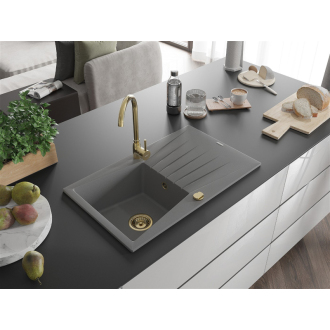 Mexen Cesar 1miskový granitový drez s odkvapkávačom 775 x 470 mm, sivý, zlatý sifón - 6514771010-71-G