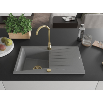 Mexen Cesar 1miskový granitový drez s odkvapkávačom 775 x 470 mm, sivý, zlatý sifón - 6514771010-71-G