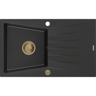 Mexen Cesar 1miskový granitový drez s odkvapkávačom 775 x 470 mm, čierna / strieborná metalíza, zlatý sifón - 6514771010-73-G
