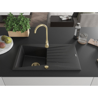 Mexen Cesar 1miskový granitový drez s odkvapkávačom 775 x 470 mm, čierna / strieborná metalíza, zlatý sifón - 6514771010-73-G