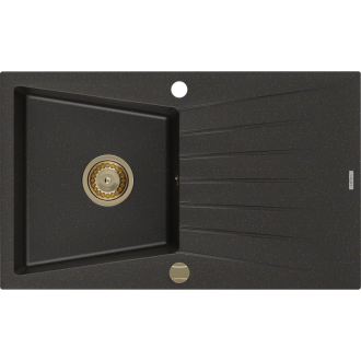 Mexen Cesar 1miskový granitový drez s odkvapkávačom 775 x 470 mm, čierna / zlatá metalíza, zlatý sifón - 6514771010-75-G