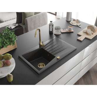 Mexen Cesar 1miskový granitový drez s odkvapkávačom 775 x 470 mm, melír čierny, zlatý sifón - 6514771010-76-G