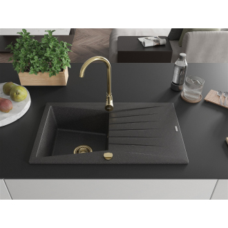 Mexen Cesar 1miskový granitový drez s odkvapkávačom 775 x 470 mm, melír čierny, zlatý sifón - 6514771010-76-G