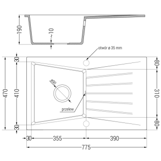 Mexen Cesar 1miskový granitový drez s odkvapkávačom 775 x 470 mm, melír čierny, zlatý sifón - 6514771010-76-G