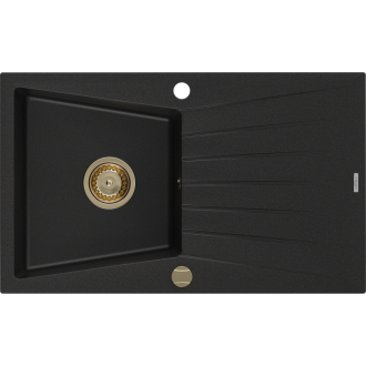Mexen Cesar 1miskový granitový drez s odkvapkávačom 775 x 470 mm, čierny, zlatý sifón - 6514771010-77-G