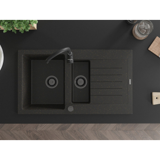 Mexen Matias granitový drez 1,5 miska s odkvapkávačom 900 x 505 mm, čierna/zlatá metalíza, čierny sifón - 6502901505-75-B