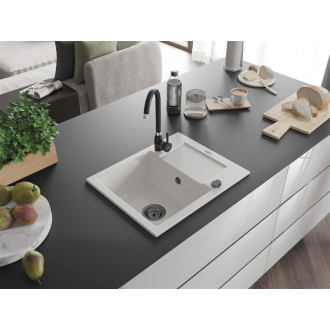 Mexen Enzo 1miskový granitový drez s odkvapkávačom 576 x 465 mm, biely, čierny sifón - 6506571005-20-B