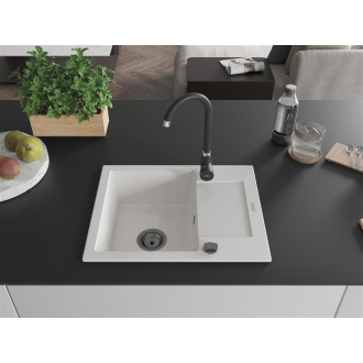 Mexen Enzo 1miskový granitový drez s odkvapkávačom 576 x 465 mm, biely, čierny sifón - 6506571005-20-B