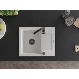 Mexen Enzo 1miskový granitový drez s odkvapkávačom 576 x 465 mm, biely, čierny sifón - 6506571005-20-B
