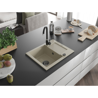 Mexen Enzo 1miskový granitový drez s odkvapkávačom 576 x 465 mm, béžový, čierny sifón - 6506571005-69-B