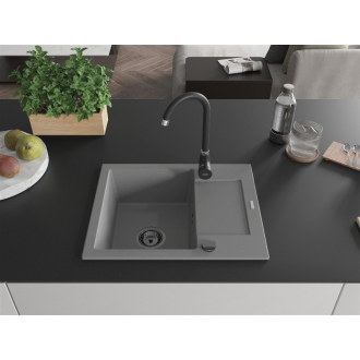 Mexen Enzo 1miskový granitový drez s odkvapkávačom 576 x 465 mm, sivý, čierny sifón - 6506571005-71-B