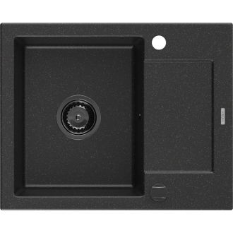 Mexen Enzo 1miskový granitový drez s odkvapkávačom 576 x 465 mm, čierna / strieborná metalíza, čierny sifón - 6506571005-73-B