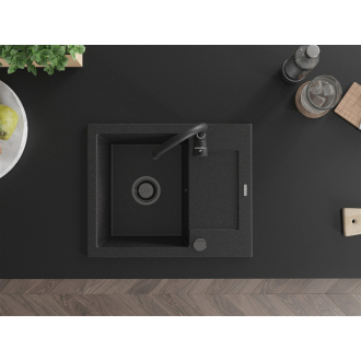 Mexen Enzo 1miskový granitový drez s odkvapkávačom 576 x 465 mm, čierna / strieborná metalíza, čierny sifón - 6506571005-73-B