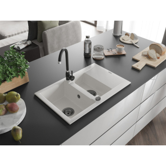 Mexen Gaspar 1,5-miskový granitový drez s odkvapkávačom 737 x 475 mm, biely, čierny sifón - 6507731505-20-B