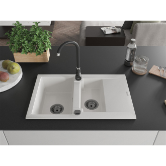 Mexen Gaspar 1,5-miskový granitový drez s odkvapkávačom 737 x 475 mm, biely, čierny sifón - 6507731505-20-B