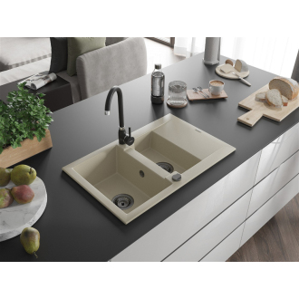 Mexen Gaspar 1,5-miskový granitový drez s odkvapkávačom 737 x 475 mm, béžový, čierny sifón - 6507731505-69-B