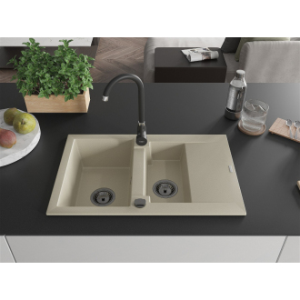Mexen Gaspar 1,5-miskový granitový drez s odkvapkávačom 737 x 475 mm, béžový, čierny sifón - 6507731505-69-B