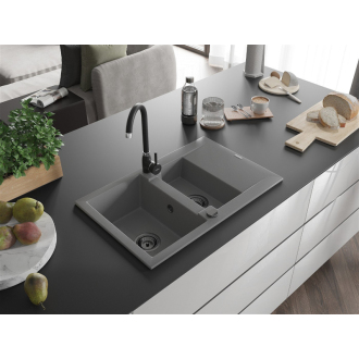 Mexen Gaspar 1,5-miskový granitový drez s odkvapkávačom 737 x 475 mm, sivý, čierny sifón - 6507731505-71-B