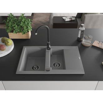 Mexen Gaspar 1,5-miskový granitový drez s odkvapkávačom 737 x 475 mm, sivý, čierny sifón - 6507731505-71-B
