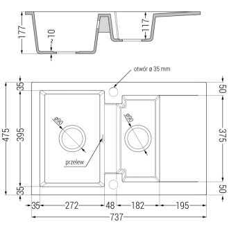 Mexen Gaspar 1,5-miskový granitový drez s odkvapkávačom 737 x 475 mm čierna/strieborná metalíza, čierny sifón - 6507731505-73-B