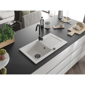 Mexen Pablo 1miskový granitový drez s odkvapkávačom 752 x 436 mm, biely, čierny sifón - 6510751010-20-B