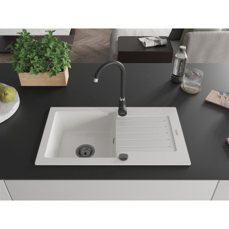 Mexen Pablo 1miskový granitový drez s odkvapkávačom 752 x 436 mm, biely, čierny sifón - 6510751010-20-B